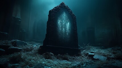 Ancient Stone Tablet Glowing In Ruins At Night