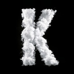 The letter K made of puffy white clouds against a black background, has a soft, airy look, resembling real clouds. The bold contrast creates a whimsical, sky-inspired typography design.