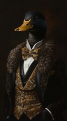 Elegant duck wearing tailored suit, bowtie, fur collar, portraying refined sophistication with aristocratic charm