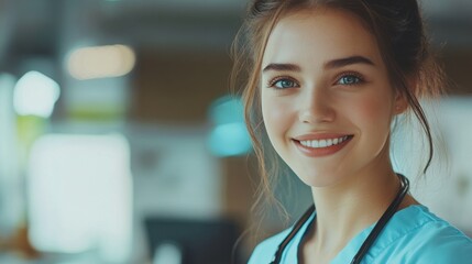 Fototapeta premium Portrait of proud female nurse with stethoscope around neck at medical clinic. Happy smiling young woman doctor at hospital lobby with copy space. Medical staff feeling confident, looking at camera.