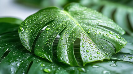 Obraz premium Dew Drops on Lush Green Monstera Leaves