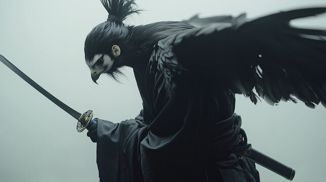 hawk dressed as samurai wields sword in cinematic pose