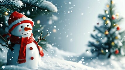 Cheerful snowman adorned in a red scarf standing amidst falling snow and decorated Christmas trees
