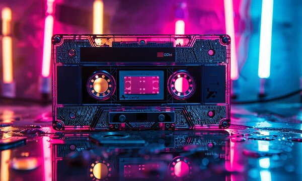 Retro cassette tape with neon pink and blue cyberpunk aesthetics