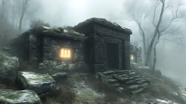 Ancient Stone Structure in a Misty Forest
