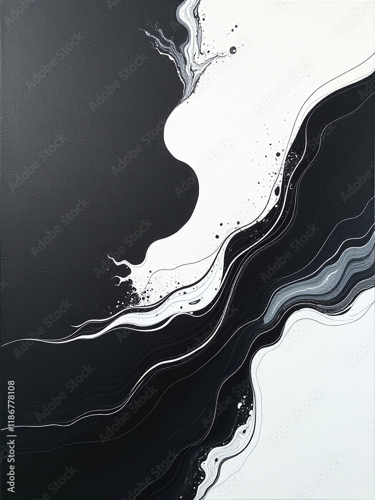 Poster Abstract Modern Art Acrylic Canvas Painting Created Using Artificial Intelligence Technology To Generate Unique Black And White Designs. 00001