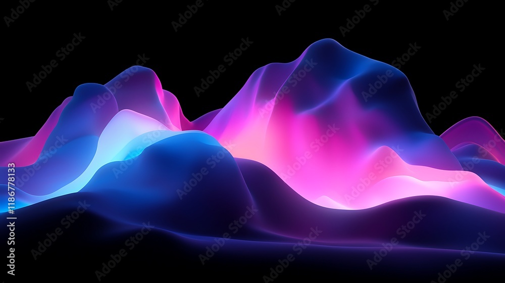 Poster ethereal translucent layers of light filtering through colorful mountains in a futuristic design wit
