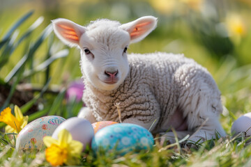 Obraz premium Adorable Fluffy Lamb in Blooming Meadow Celebrating Easter with Springtime Charm and Natural Beauty