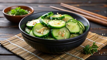 Refreshing sunomono cucumber salad with sesame, served in a sleek black bowl.