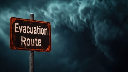 Evacuation route sign amid stormy skies natural disaster preparedness roadside environment foreboding viewpoint