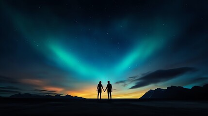 Fototapeta premium Couple holding hands, surrounded by a heartshaped aurora, 3D illustration