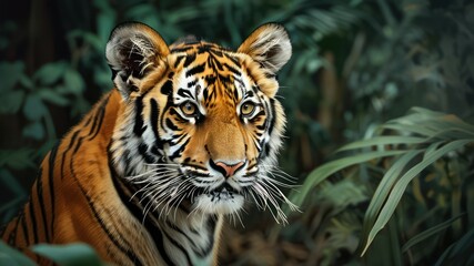 Striking portrait of a tiger surrounded by lush greenery, showcasing natural beauty and wildlife conservation importance