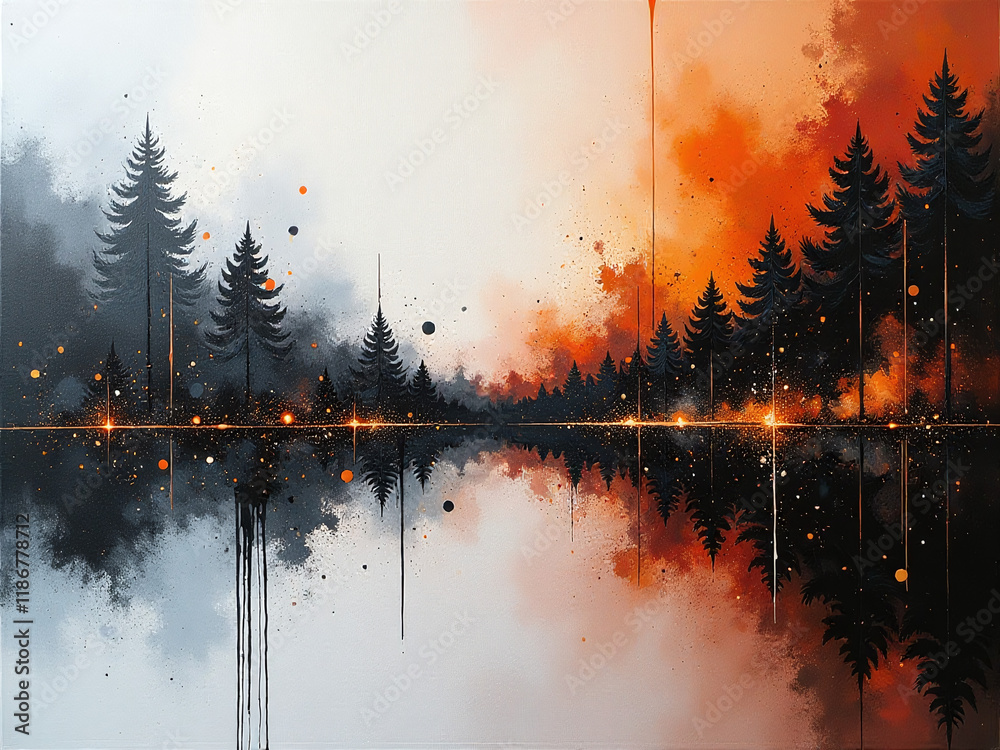 Poster abstract modern acrylic canvas painting featuring black, white, and orange hues created using artifi