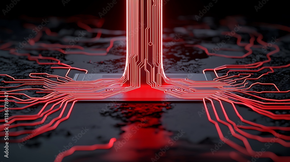 Poster intricate visual representation of data flow with red streams and circuit patterns on a dark backgro