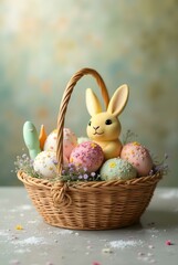 A wicker basket overflowing with colorful Easter eggs and a charming chocolate bunny, creating a festive and whimsical Easter scene, easter bunny