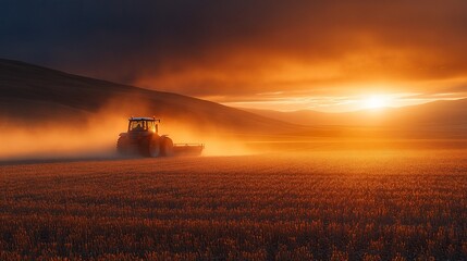 Fototapeta premium Tractor Working Golden Sunset Field Landscape