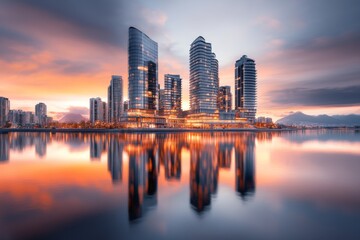 Obraz premium A modern urban skyline reflecting in the calm waters of a nearby river at twilight
