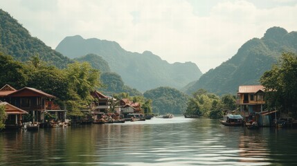 Naklejka premium Gentle Flowing River Serene Valley Scenic Photography Lush Green Environment Aerial View Nature's Tranquility