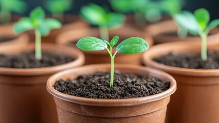 A young plant sprouts from soil in a terracotta pot, surrounded by other pots, symbolizing growth and nurturing.