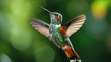 Fototapeta premium Colorful hummingbird flying gracefully in lush green background, showcasing nature's vibrant beauty and ecological harmony