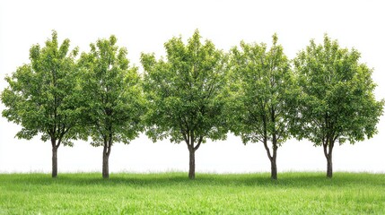 Fototapeta premium Five trees in green field against white background.