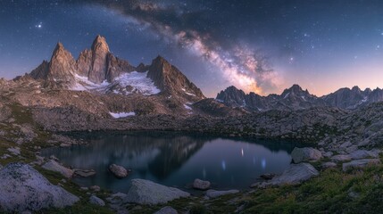 Gazing at the Starry Night Sky Tranquil Mountain Lake Landscape Photography Nature Aerial View Cosmic Serenity