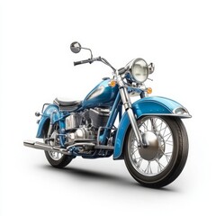 Blue vintage motorcycle isolated on a white background, featuring chrome elements and a classic 1970s design. The bike is presented in high-resolution photography from a right-side view, with natural 