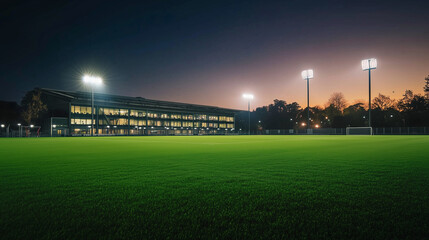 universal grass stadium illuminated by spotlights and empty green grass playground, grand sport building digital 3D background advertisement background illustration