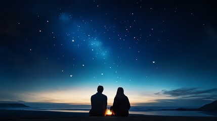 Couple sitting by a campfire, heartshaped sparks flying into the starry sky, 3D illustration