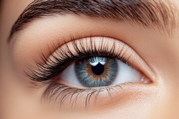 Obraz premium Close-Up of a Captivating Eye: A captivating close-up of a beautiful eye, featuring lush eyelashes, a delicate brow, and a mesmerizing light blue iris. The image is ideal for beauty, fashion.