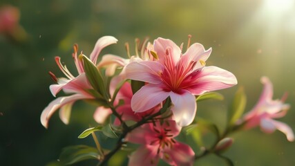 Close up of pink lilies in soft sunlight, showcasing vibrant petals and natural beauty, symbolizing growth and tranquility