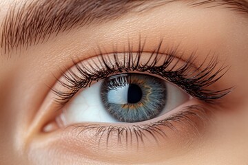 Obraz premium Captivating Gaze: Close-up of a mesmerizing blue eye with long, dark lashes, showcasing natural beauty and flawless makeup. 