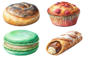 Colorful baked goods, watercolor illustration, delicious pastries, sweet treats, artistic food design, vibrant colors, gourmet desserts.
