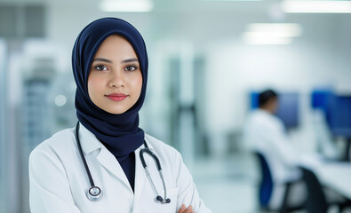Smiling  female doctor in hijab with stethoscope in a professional clinic. Diversity and professionalism in modern healthcare.   