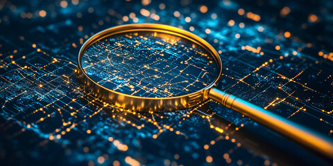 Magnifying glass analyzing a glowing digital network circuit
