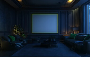Elegant dark living room at night, blank canvas, cozy interior