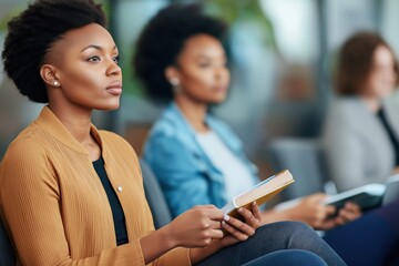 Young teen student reflects deeply in a library while engaged with a book and observing peers