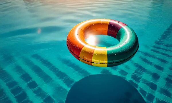 Colorful inflatable swimming ring floating on shimmering blue water surface