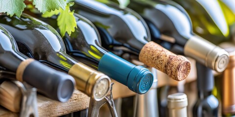 Delightful vintage red wine bottles paired with elegant corkscrews and fresh grapes for a luxurious tasting experience