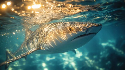 Fototapeta premium Majestic Zebra Shark Swims Through Sunlit Ocean Water