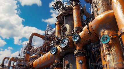 Industrial zone, Steel pipelines and valves against blue sky