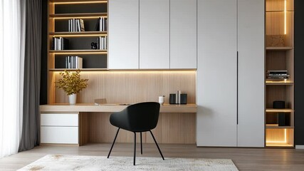 Explore a beautifully designed home office with modern furnishings, ample storage, and elegant lighting for an inspiring workspace