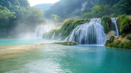 Cascading Waterfall Enchanted Forest Nature Scene Lush Environment Serene Viewpoint Dreamlike Concept