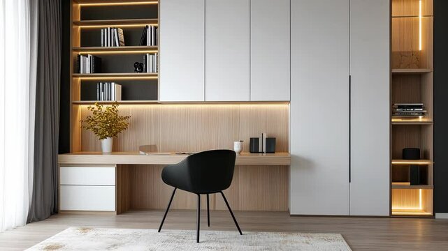 Explore a beautifully designed home office with modern furnishings, ample storage, and elegant lighting for an inspiring workspace