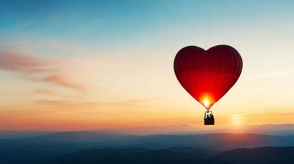 Fototapeta premium Couple sitting together in a glowing heartshaped hot air balloon above a dreamy landscape, adventure and love