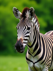 Fototapeta premium A Zebra Stands Out Starkly Against A Vibrant Green Blurred Foliage Background With Its Distinctive Black And White Stripes Prominent. 00002