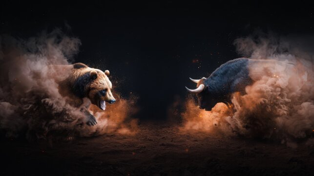 Two bears are fighting in the dirt, with one bear having its head in the air