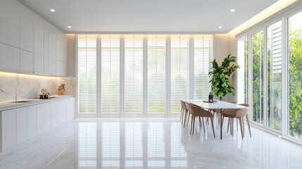 Fototapeta premium Modern bright white kitchen and dining area with large windows and glossy floor.
