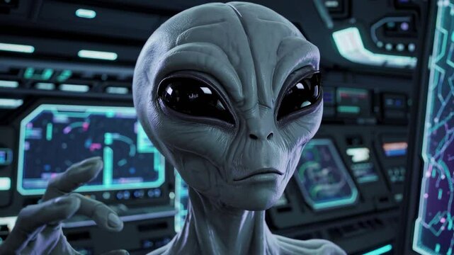 Exploring a futuristic control room with advanced technology and alien-like presence in a sci-fi setting