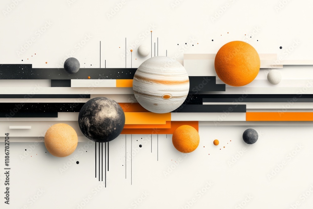 Poster A playful flat design of planets in a row, each with unique colors and textures, set against a white canvas